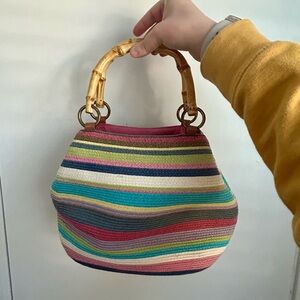 Pink and Red Shoulder Bag with Bamboo Handle and Leather Accents